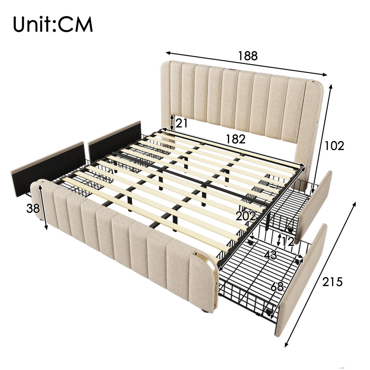 POLSTERBETT mit 4 Schubladen USB/Typ-C 180x200 cm Leinen Beige - Beige, Metall (180/200cm) - Meubliv