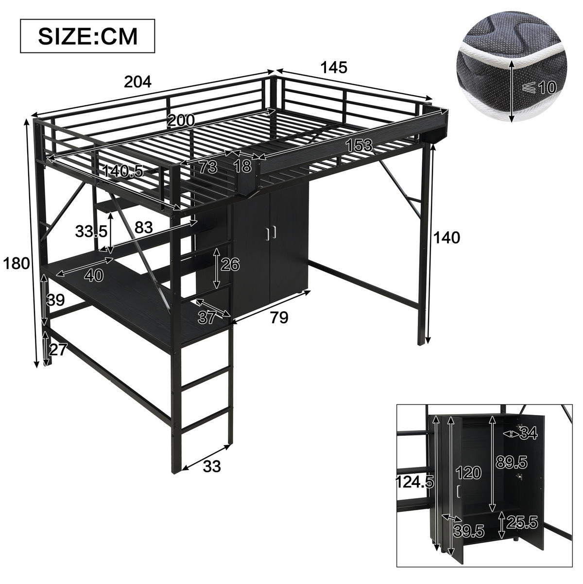 VYSOKÁ postel 140/200 cm černá s psacím stolem úložným prostorem a skříní z kovu a MDF - černá, kompozitní dřevo (140/200cm) - OKWISH