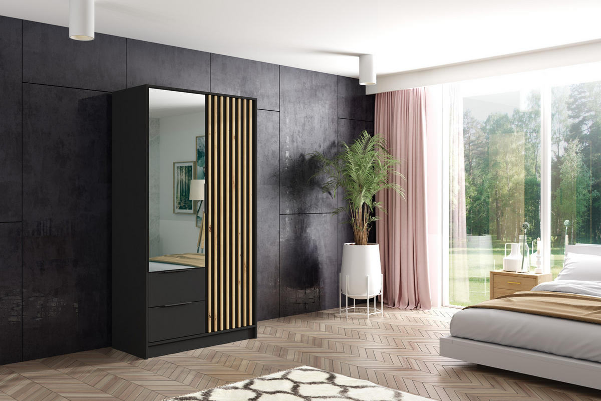 KLEIDERSCHRANK NERA - 120 cm - Schwarz|Eiche Artisan - Schwarz/Eiche Artisan, Holzwerkstoff (102/200/51cm) - ALTDECOR