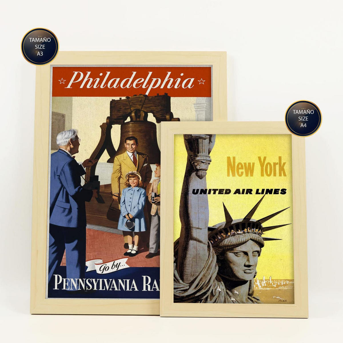 POSTER Set Mit 6 Vereinigte Staaten Vollfarbige Illustrationen Von Vintage Tourismus Werbetafeln Aus Der Ganzen Welt A3 & A4 Rahmen Aus Hellem Holz - Beige, Papier (29/3cm) - Nacnic