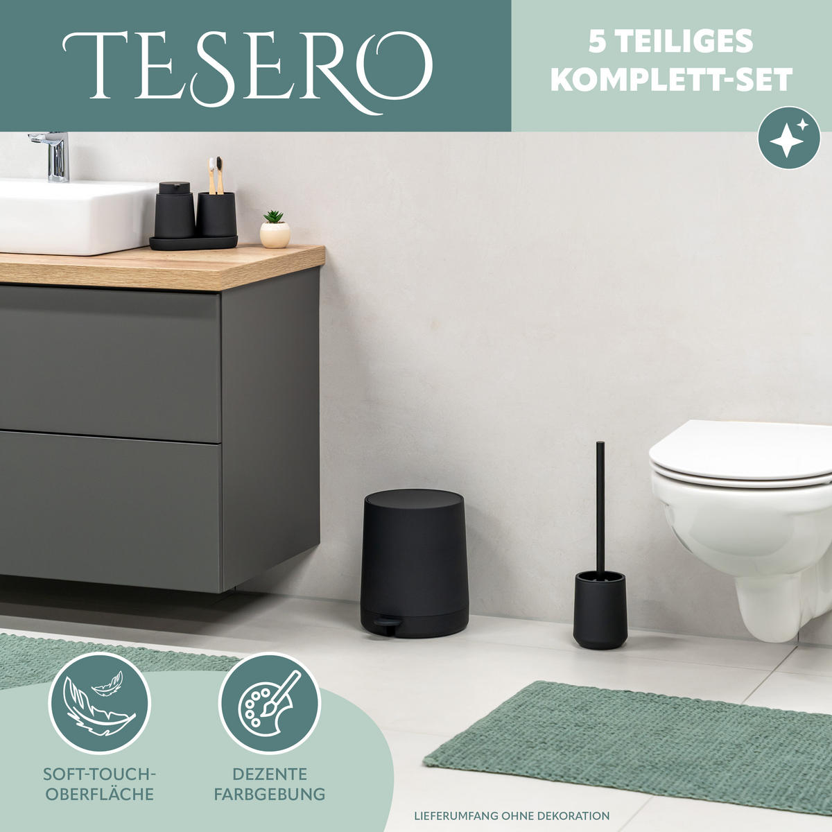 BAD-ACCESSOIRES-SET TESERO, Soft-Touch, schwarz - Schwarz, Kunststoff (22.5/25.5/25cm) - eluno