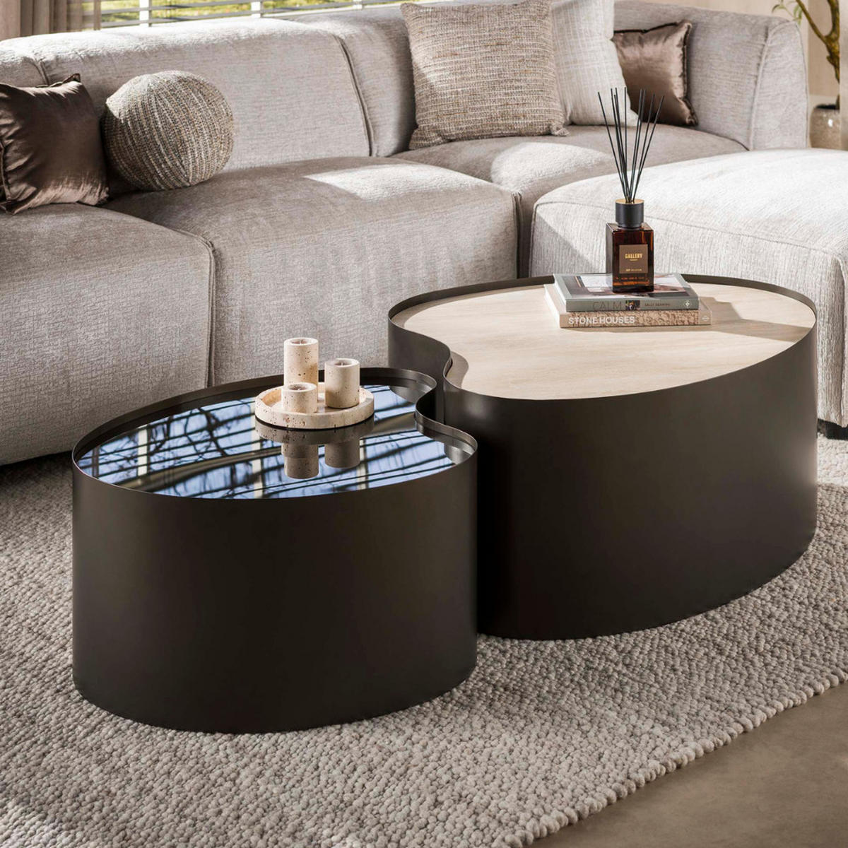 COUCHTISCH-SET AURELIA FUSIONE Organische Satztische aus Keramik, Glas & Bronze - Schwarz, Glas/Keramik (80/102/41cm) - alesvelt