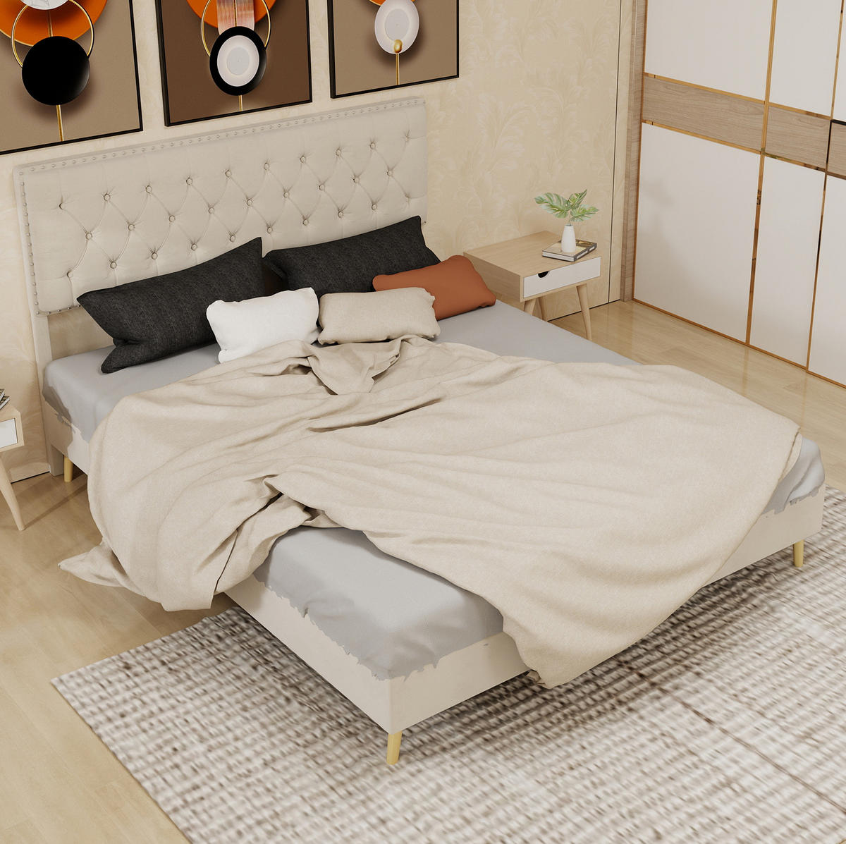 POLSTERBETT 160/200 cm beige aus Stoff und Metall mit hohem Kopfteil - Beige, Textil (160/200cm) - OKWISH