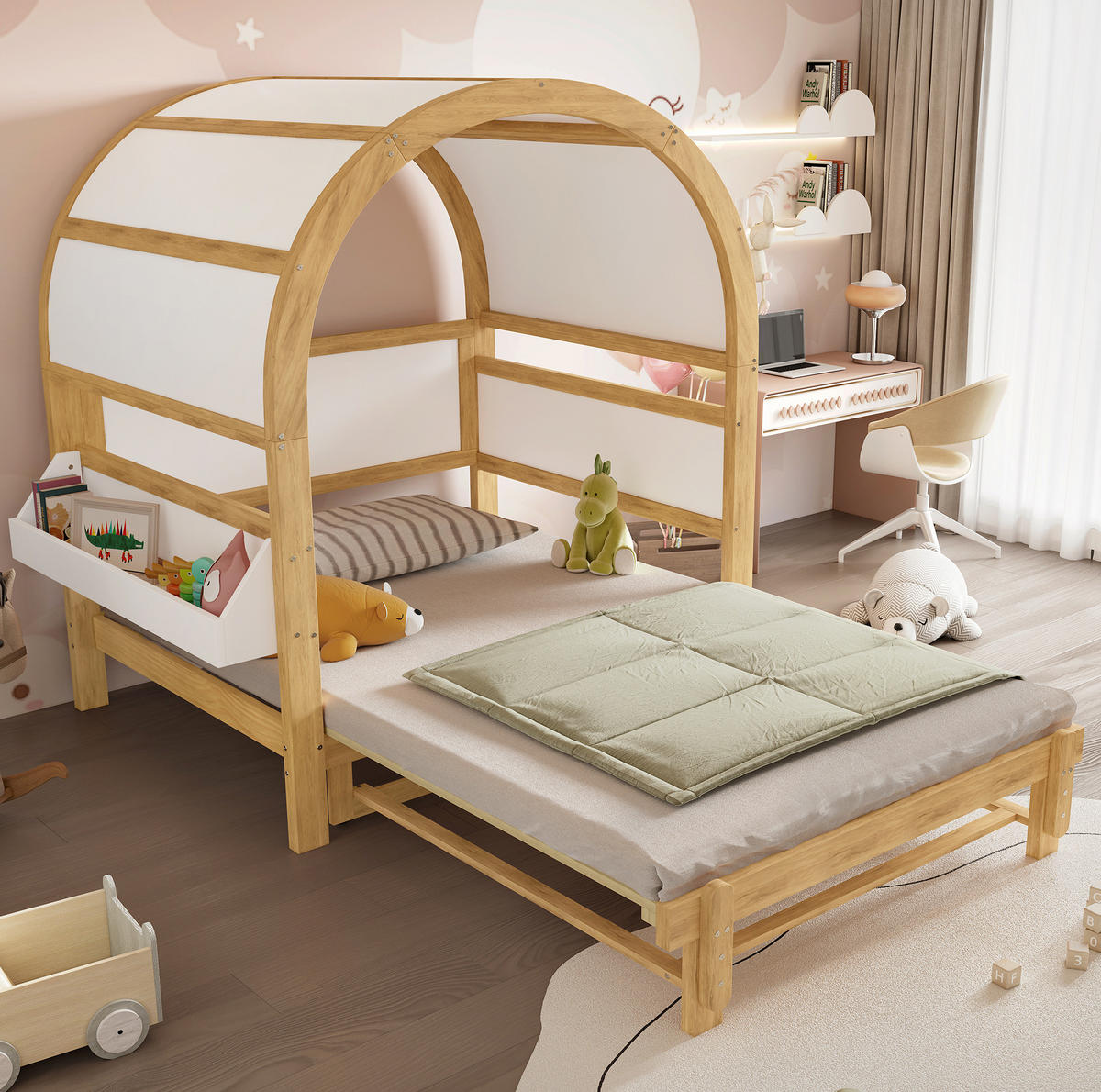 KINDERBETT 140/200 cm mit Ausziehbett, gewölbtem Dach und Ablagefläche, Weiß/Natur - Weiß, Holzwerkstoff (140/200cm) - Redom