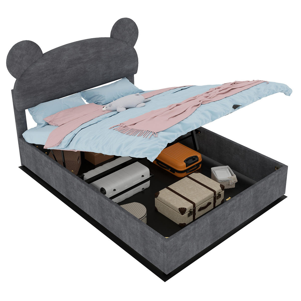 POLSTERBETT 140x200 cm Cartoon Stauraum grau - Grau, Textil (140/200cm) - LEBENLANG