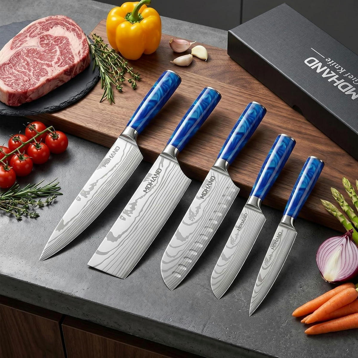 KÜCHENMESSERSET 5-teiliges Set mit Pakkawood Griff Blau - Silberfarben, Metall
