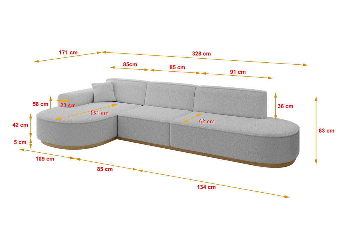 ECKSOFA Ottomane Links MARI-L2-v2 - 328x171x83 cm Hellgrau Bouclé - Hellgrau, Holzwerkstoff/Textil (328/171cm) - ALTDECOR