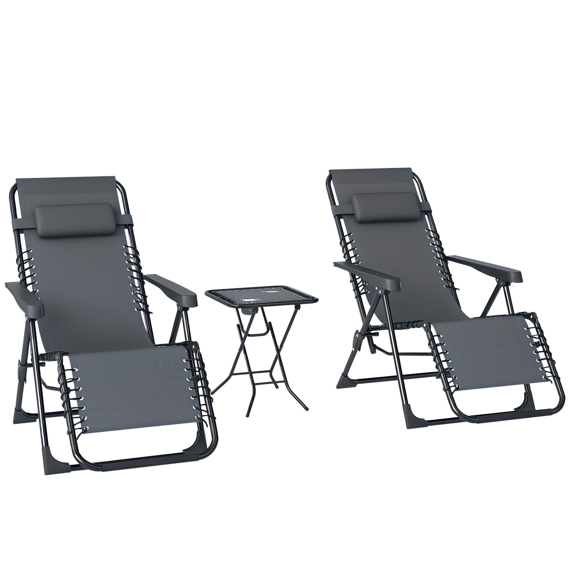 SONNENLIEGE Set mit 2 klappbaren Zero-Gravity-Liegestühlen mit verstellbarer Rückenlehne und Tisch,60*65*110 cm,,Grau - Grau, Metall (65/110/90cm) - Vallsero