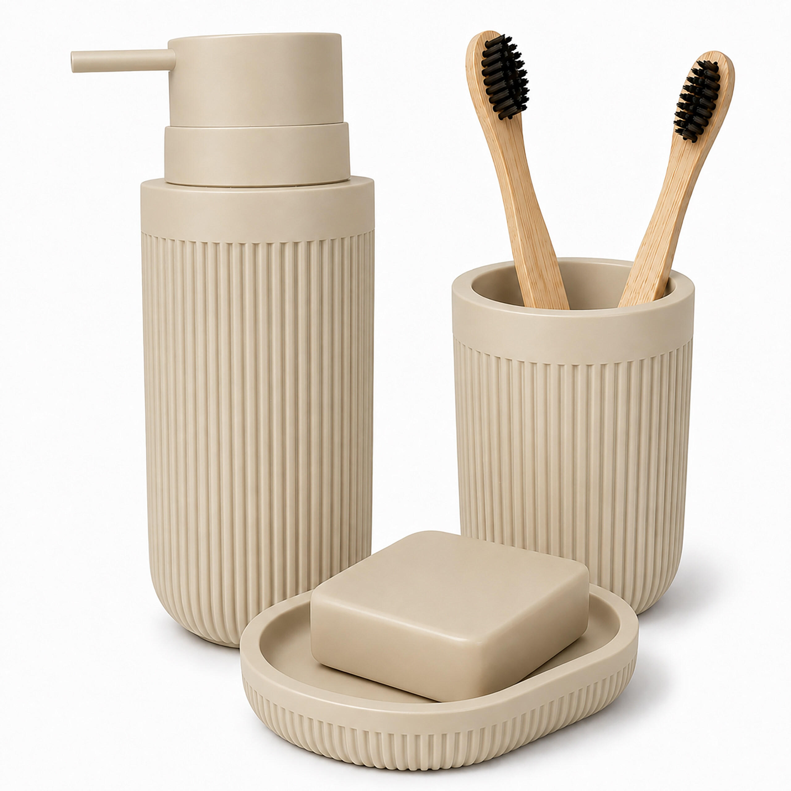 BADACCESSOIRES-SET Beige 3-tlg. - Beige, Kunststoff (6.5/17.5/6.5cm) - Relaxdays