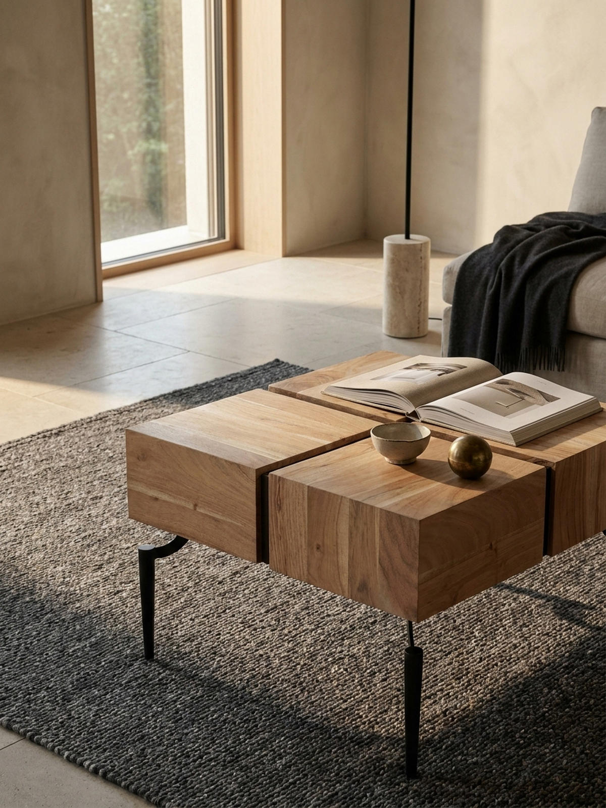 COUCHTISCH Massivholz Quadratisch Metallgestell Würfel-Form Modern, Akazie 60x60x40 cm - Schwarz/Akaziefarben, Holz/Metall (60/60/40cm) - KADIMA DESIGN