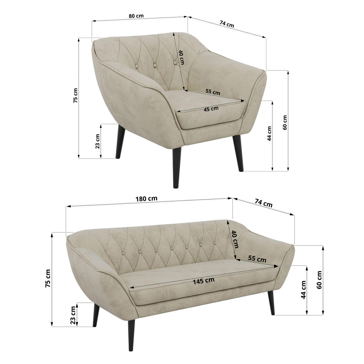 SITZGARNITUR PIRS 3+1+1 - Beige Velvet - Schwarze Beine - Beige/Schwarz, Holzwerkstoff/Textil (180/75/74cm) - MKS