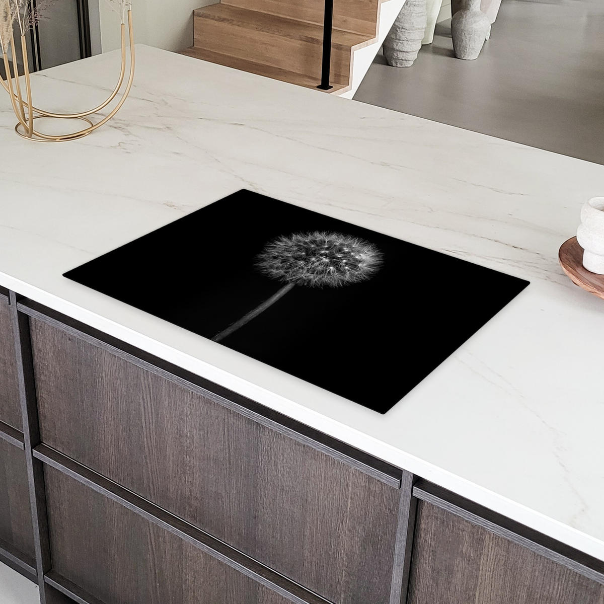 HERDABDECKPLATTE Löwenzahn - Schwarz - Floral - Botanisch 80x52 cm - Grau, Kunststoff (80/52/0.2cm) - MuchoWow