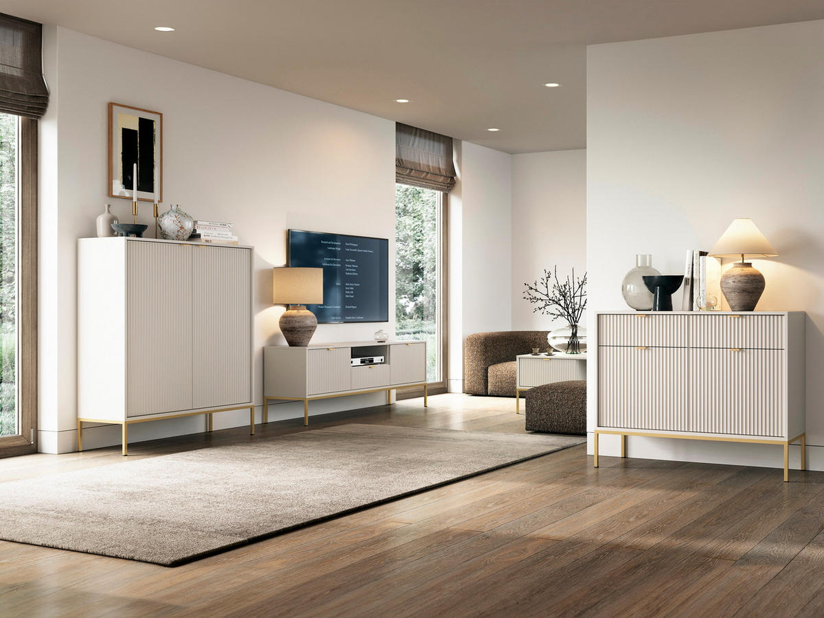 KOMMODE: 3 Schubladen, 3 Türen, Kaschmir, Gold, 154 x 83 x 39 cm, goldene Griffe - Beige/Goldfarben, Holzwerkstoff/Metall (154/83/39cm) - 3XE LIVING