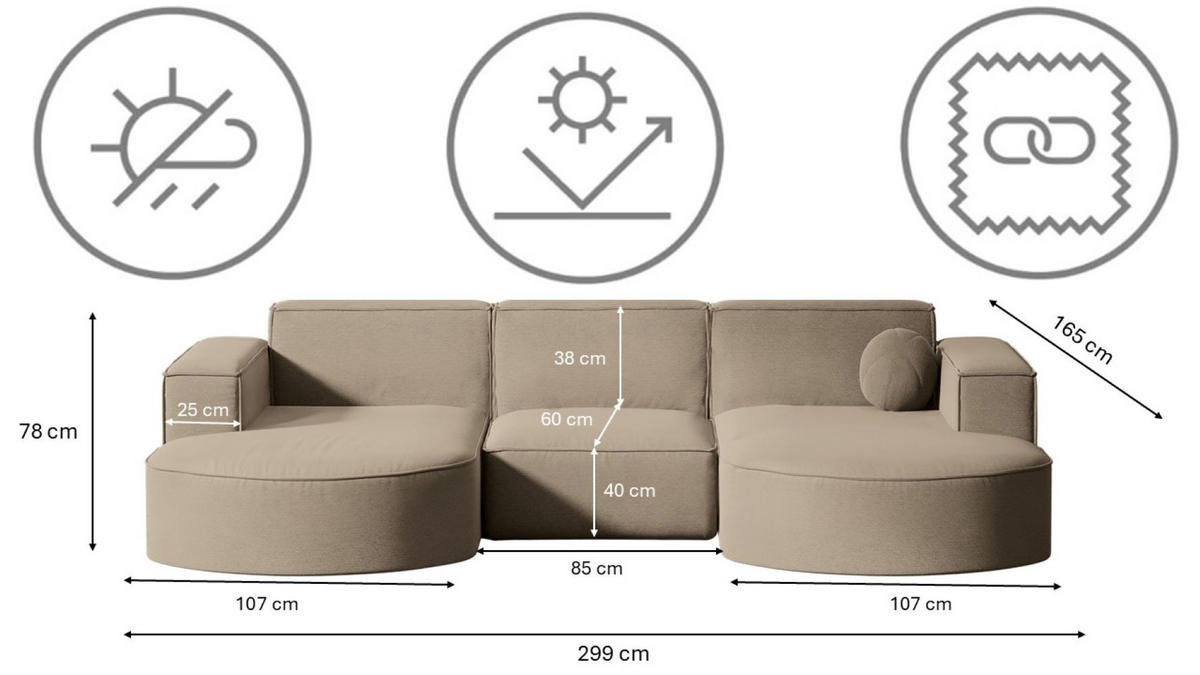 GARTENECKSOFA U-Form Garten Modena Studio Sofa-U Patio Beige - Beige, Holz/Textil (165/78/299cm) - Kaiser Möbel