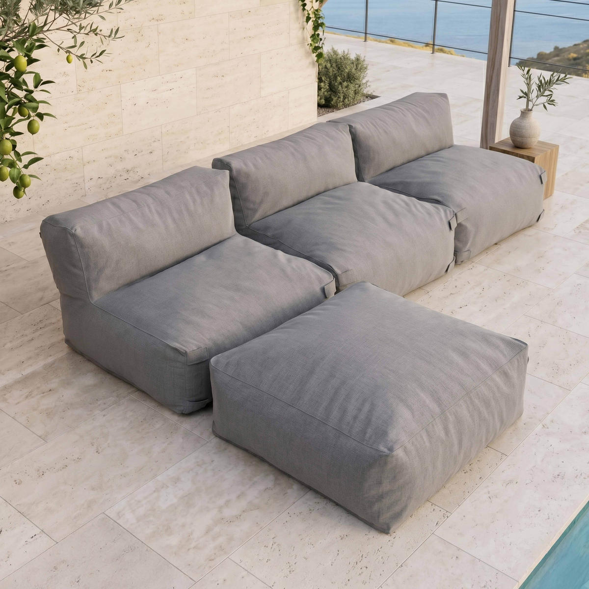 GARTENSOFA mit 4 Sitzplätzen, Grau - Grau, Textil - Oviala