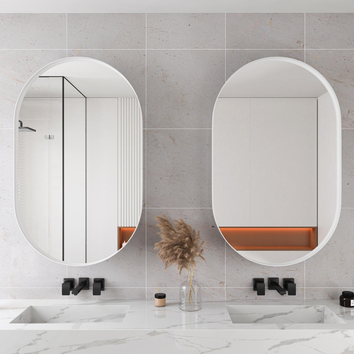 SPIEGELSCHRANK oval mit weißem Metallrahmen – Wandschrank mit Spiegel & verstellbaren Ablagen, für Bad, Wohn- & Schlafzimmer - Weiß, Metall (51.5/12/85cm) - Ej. Life