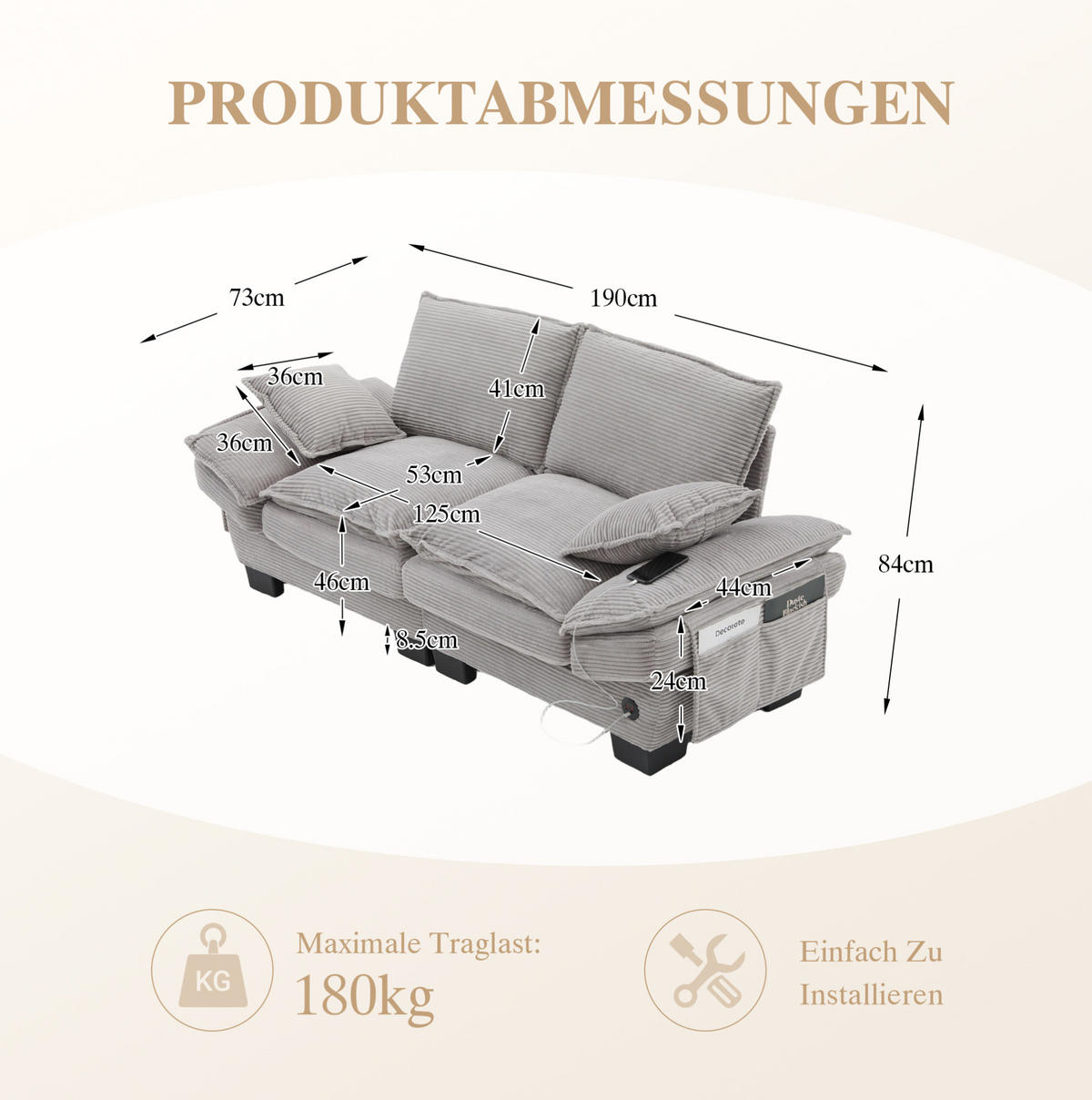 SOFA 2-Sitzer mit USB-C ca. 190 x 73 x 84 cm Cord Hellgrau - Hellgrau, Kunststoff (73/84/190cm) - Meubliv