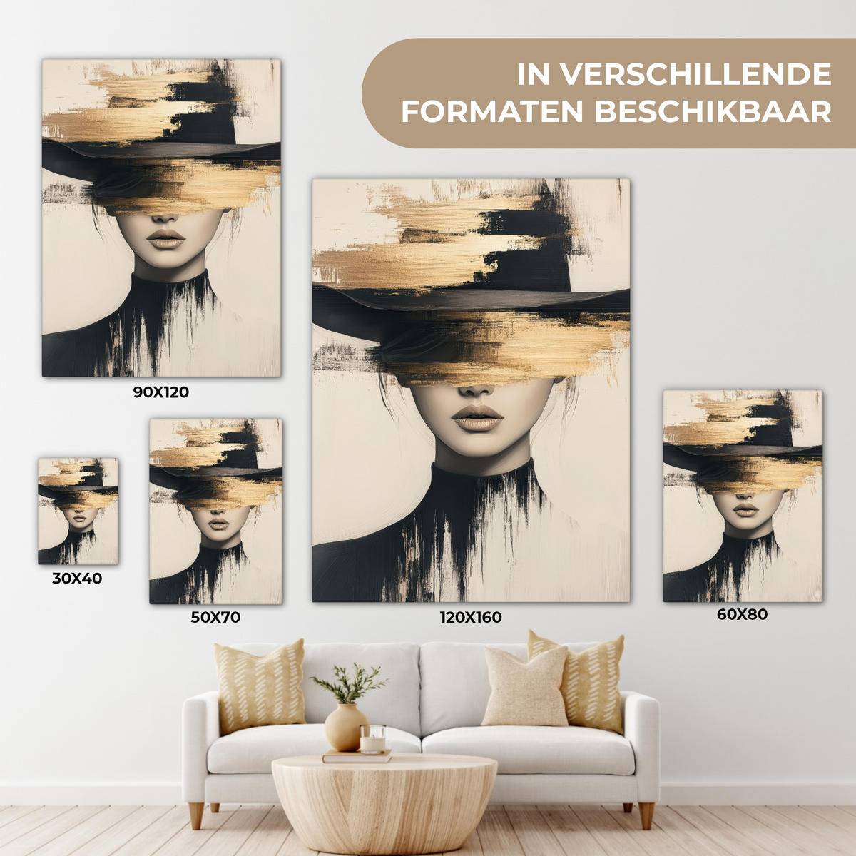 LEINWANDBILD Frau - Hut - Farbe Wandbild Wohnzimmer 60x80 cm - Goldfarben, Textil (60/80cm) - MuchoWow