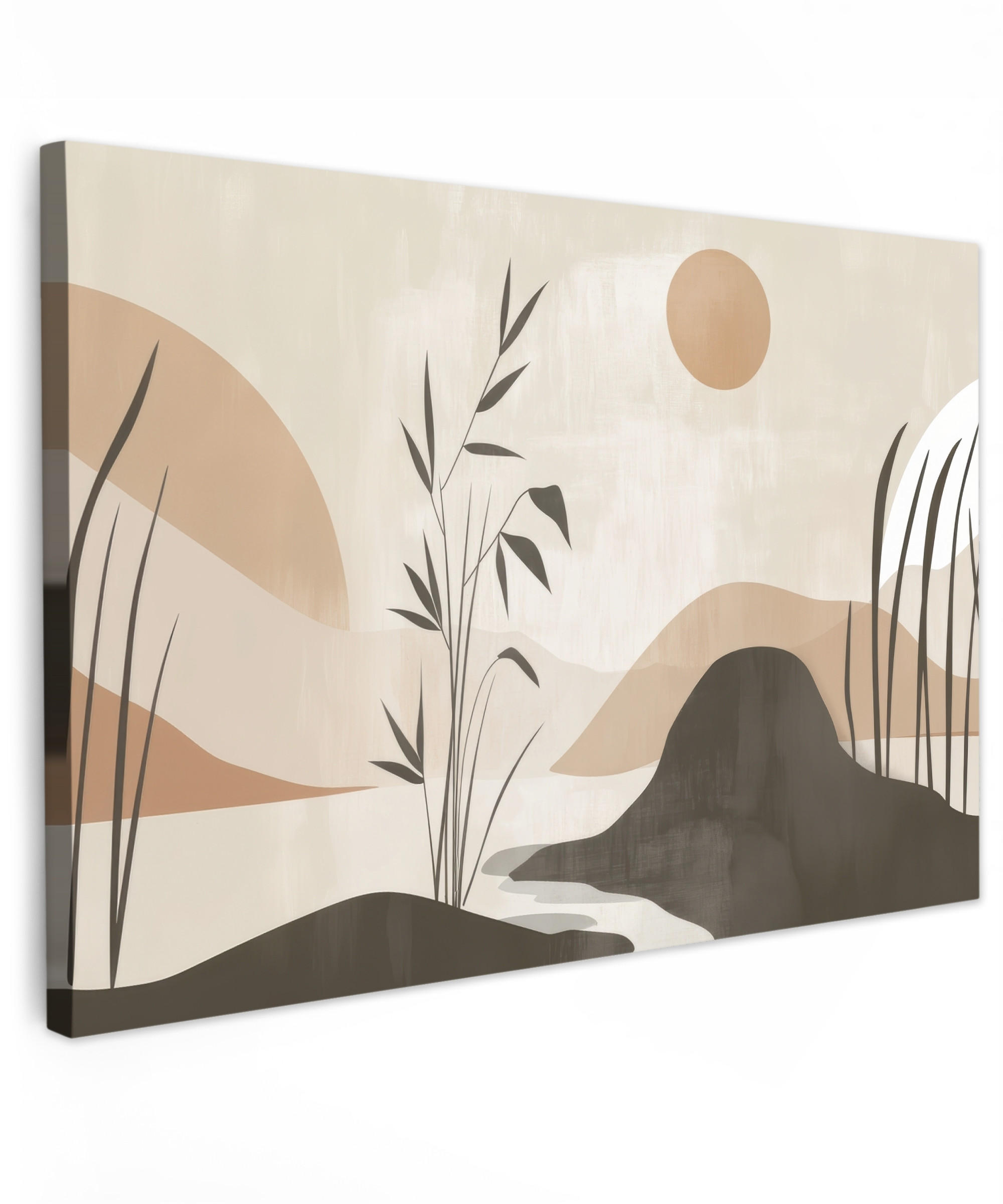 LEINWANDBILD Japandi - Landschaft - Beige Groß 140x90 cm - Cognac, Textil (140/90cm) - MuchoWow