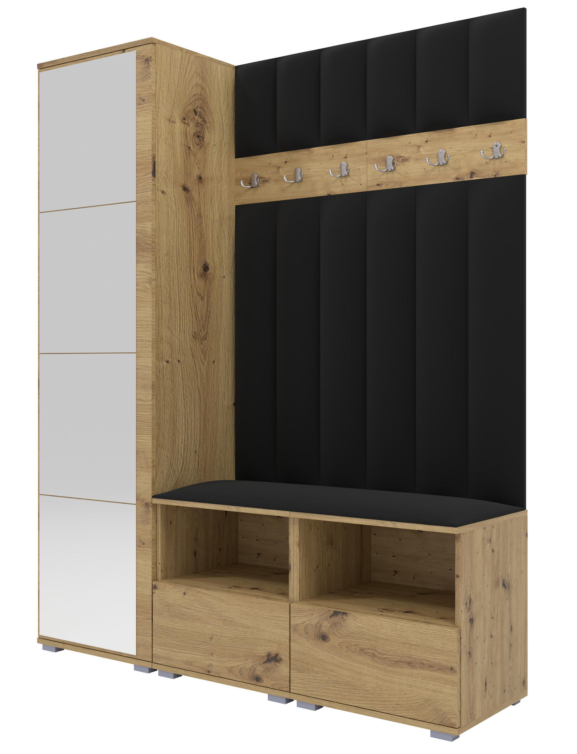 GEPOLSTERT Garderoben-Set Nela II LUX (Spiegel – Farbe Eiche Artisan + Stoff Trinity 16) - Silberfarben/Schwarz, Holz/Holzwerkstoff (150/187/40cm) - Ravio
