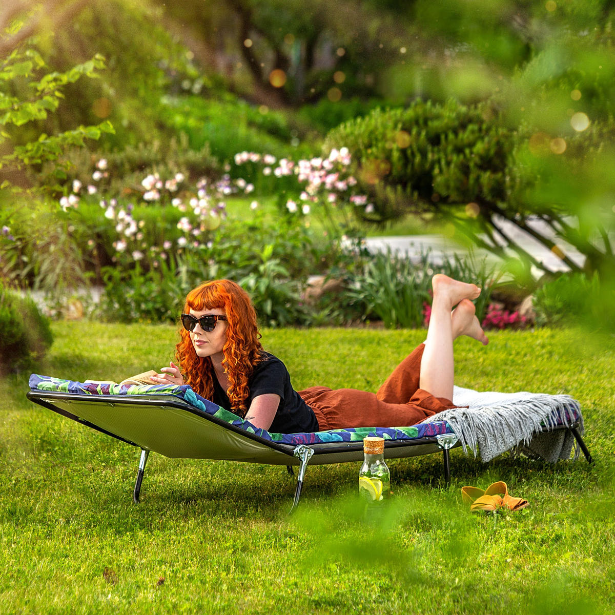 GARTENLIEGESTUHL, 69 x 197 cm, Blätter - Dunkelblau/Grün, Metall (69/197cm) - KADAX