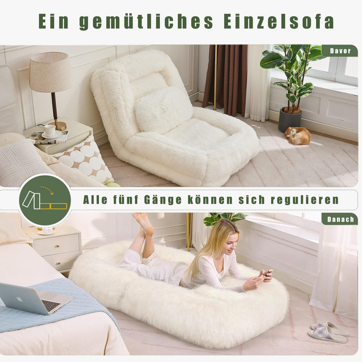 SITZSACK Plüsch Beige mit verstellbarer Rückenlehne - Beige, Holzwerkstoff/Textil (89/42/175cm) - WISHDOR