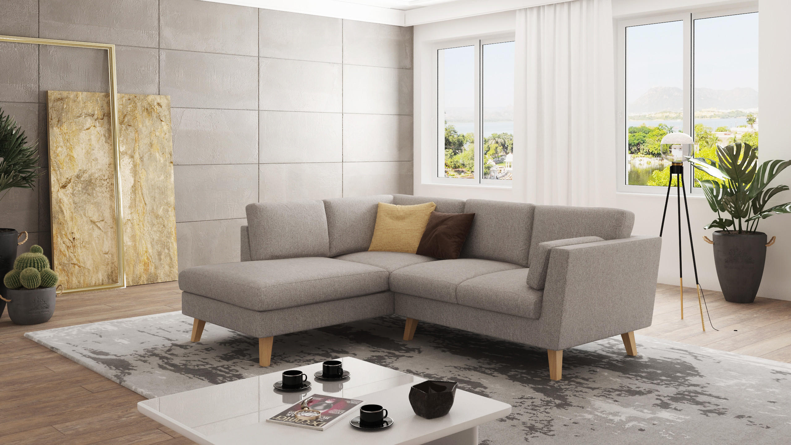 ECKSOFA Mario Dunkelbeige Microfaser - Beige/Naturfarben, Buchenholz/Textil (221/186cm) - S-Style Möbel