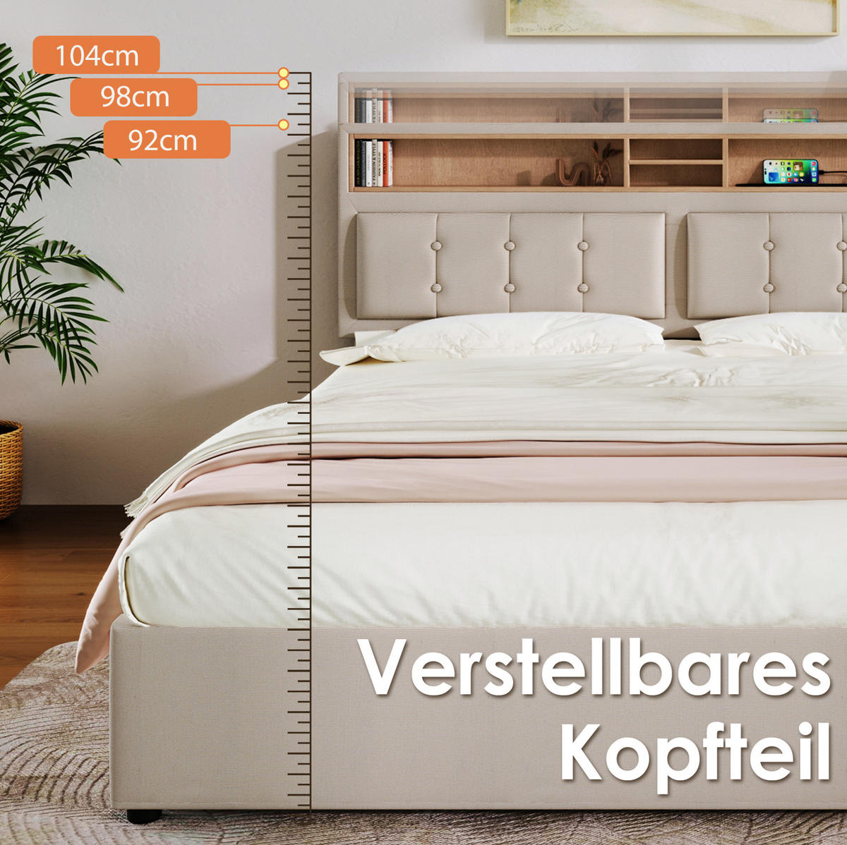 OBLAZINJENA postelja 160/200 cm iz lanene tkanine z nastavljivim vzglavjem, USB-C priključkom in shranjevanjem, Bež - bež, tekstil (160/200cm) - Redom