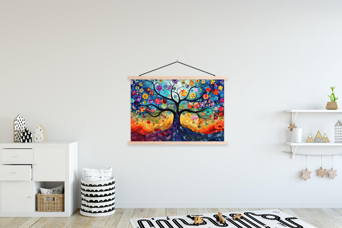 POSTER Kunst - Baum des Lebens - Blumen - Hippie 120x80 cm - Dunkelblau, Textil (120/80/0.15cm) - MuchoWow