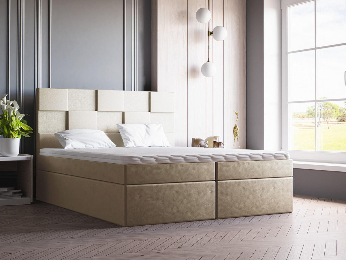 DOPPELBETT mit Matratze 200x200 Berg, Samtstoff, Bettkasten, Beige - Beige, Holz/Textil (200/200cm) - Emporius