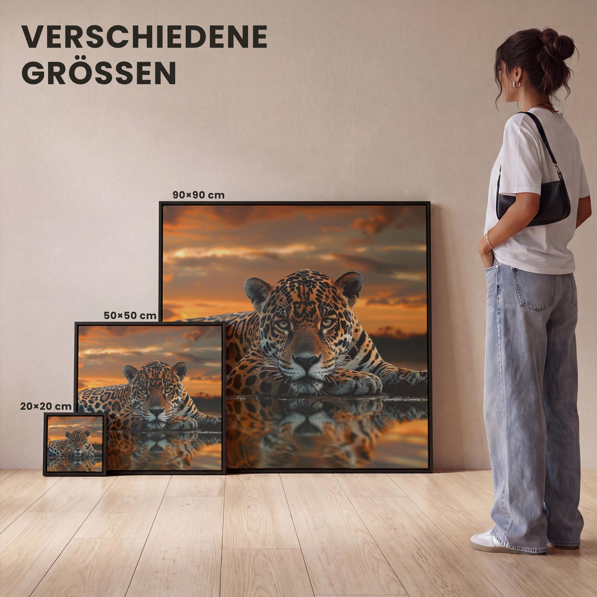 LEINWAND Bilder mit Rahmen - Natur - Leopard - Tier - Sonnenuntergang - Modern - 90x90 - Orange, Textil (90/90cm) - MuchoWow