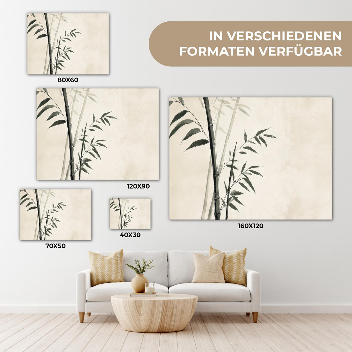 LEINWANDBILD Japandi - Bambus - Beige 40x30 cm - Eukalyptusholzfarben, Textil (40/30cm) - MuchoWow