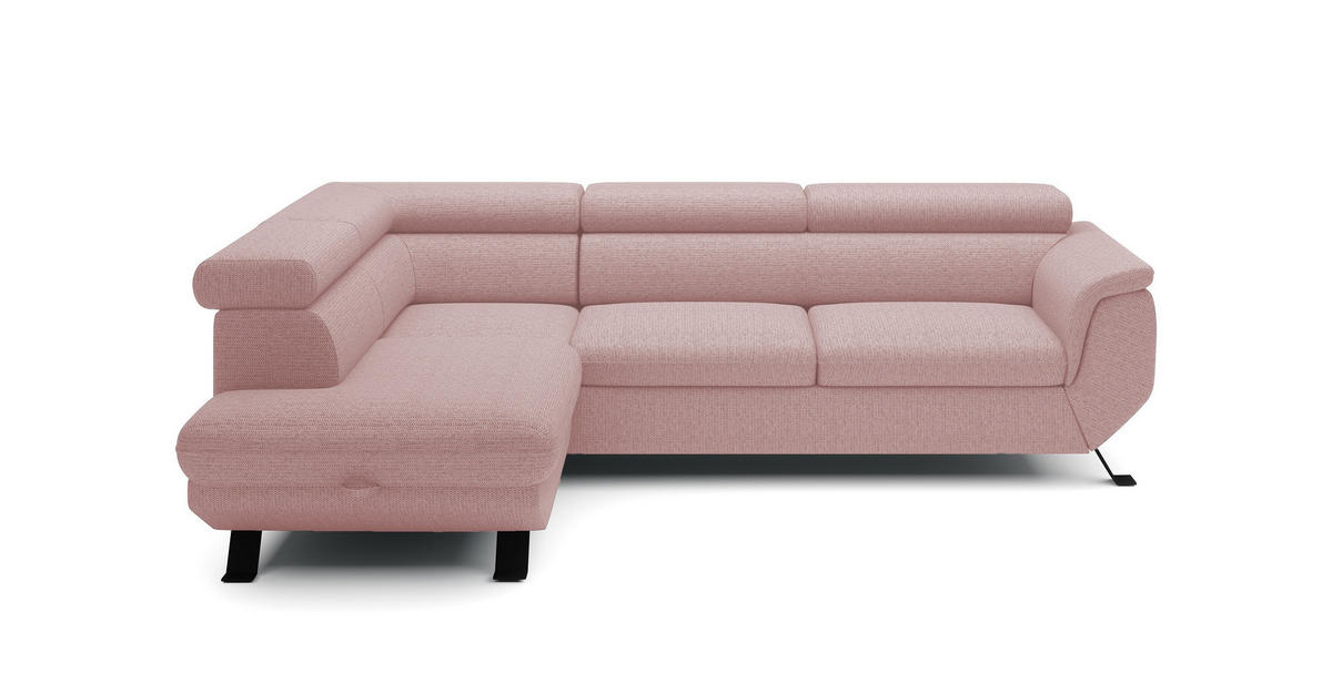 ECKSOFA RAVEN L mit Schlaffunktion und Bettkasten, Freistehend, Polstersofa mit Verstellbaren Kopfstützen, 257x198x96 cm, Linke, Puderrosa - Rosa, Holz/Textil (198/256cm) - DomoHome