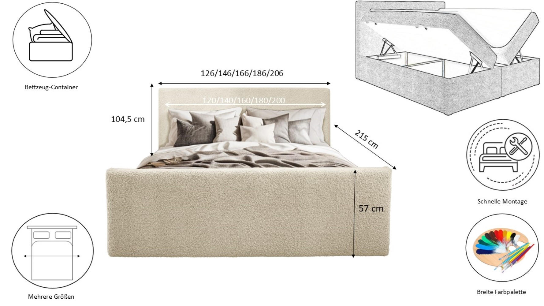 Thumbnail - Kaiser Möbel Boxbett, Ecru, Holzwerkstoff, H3, 120x200 cm, Schlafzimmer, Betten, Boxspringbetten