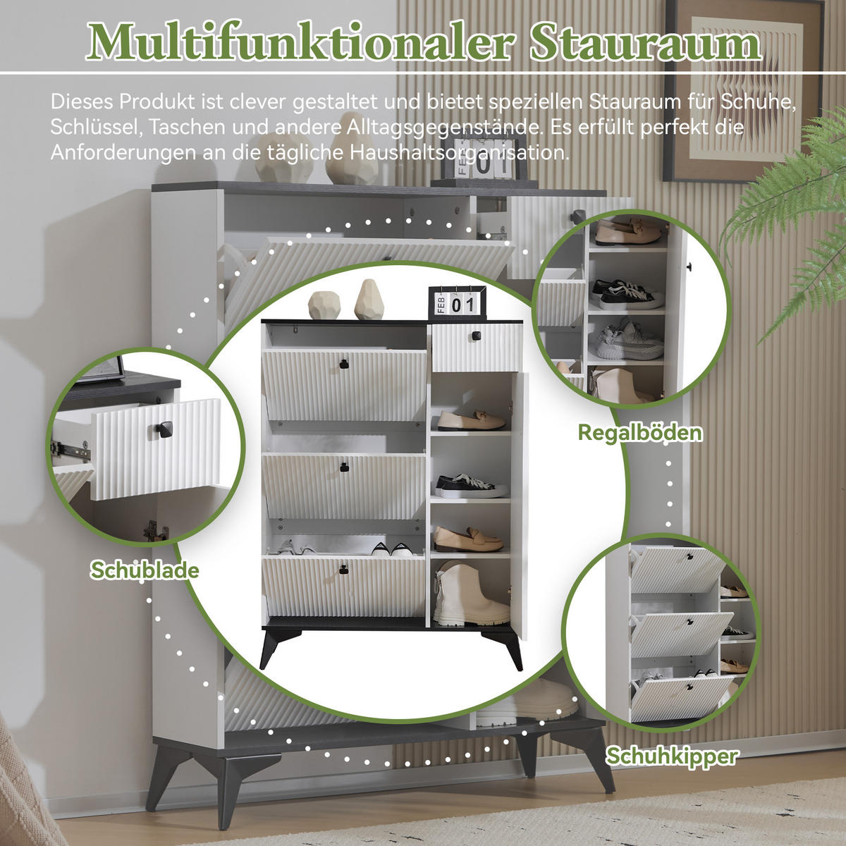 SCHUHSCHRANK 3 Klappen 1 Tür Weiß 90x25x121cm - Multicolor, Holzwerkstoff (30/121/90cm) - FLIEKS