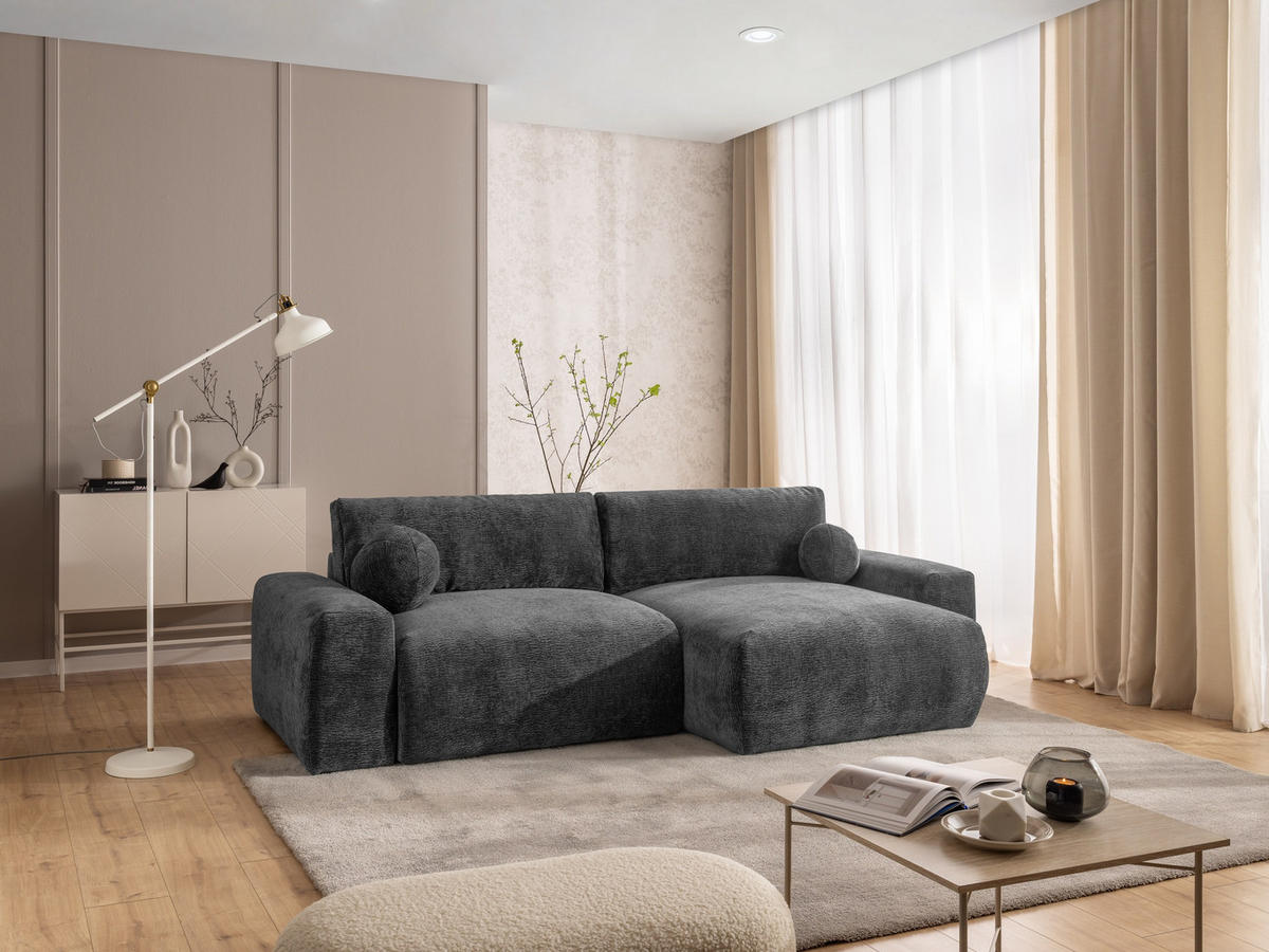 ECKSOFA Puffy mit Schlaffunktion und Bettkasten - besonders weich und puffig aus Dunkelgrau Stoff mit Chenillestruktur - Ottomane rechts - Dunkelgrau/Schwarz, Holz/Kunststoff (266/138cm) - S-Style Möbel