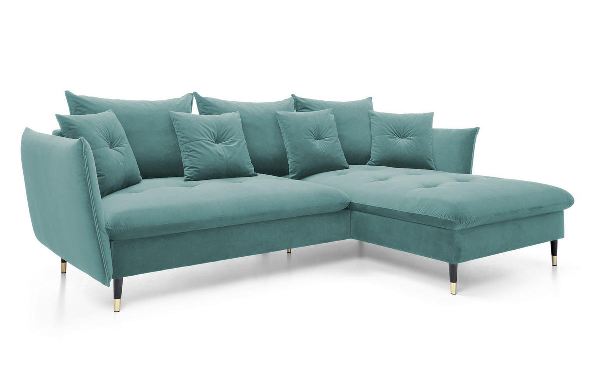 ECKSOFA GLAM mit Schlaffunktion, Ottomane & goldenen Füßen – Samtsofa im Glamour-Stil mit Zierkissen, 258x167x91 cm, rechte, münze​ - Hellgrün, Holz/Textil (258/167cm) - DomoHome