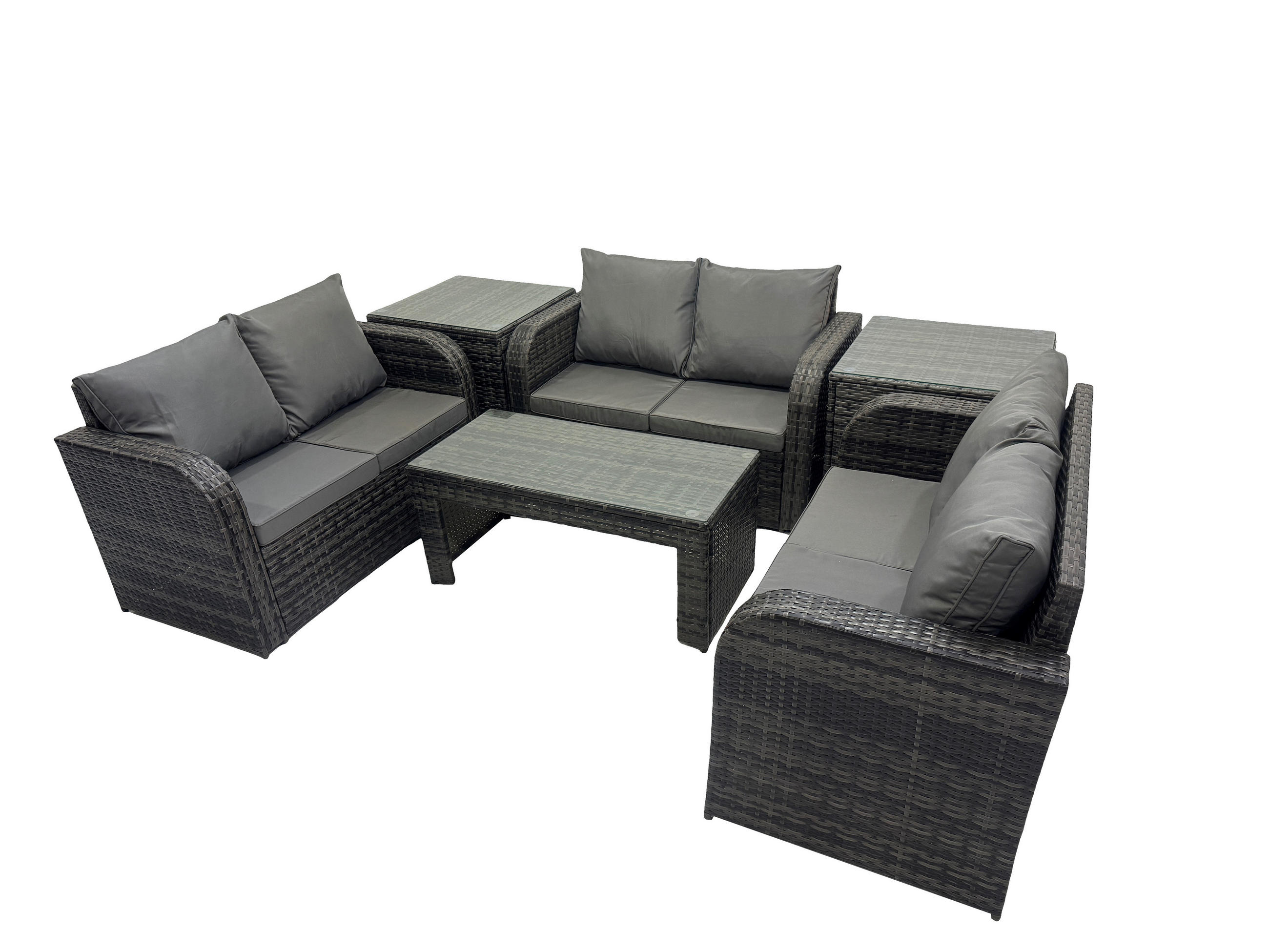 GARTENSOFA SET mit rechteckigem COUCHTISCH Polyrattan 6-Sitzer Dunkelgrau - Dunkelgrau/Grau, Glas/Kunststoff - Fimous