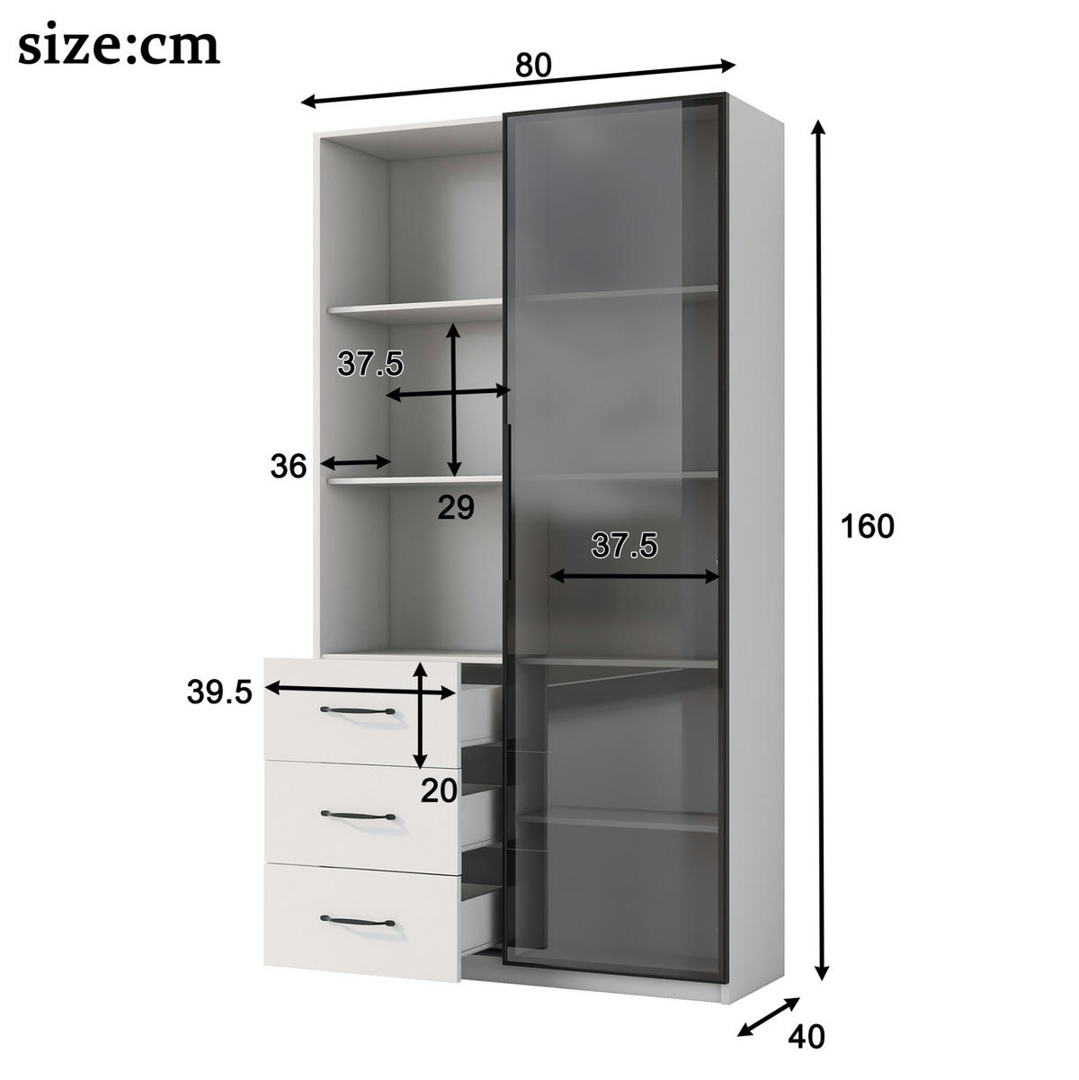 HIGHBOARD mit Glastür 80/40/160 cm – mit LED-Beleuchtung und 3 Schubladen - Weiß, Holzwerkstoff (80/160/40cm) - BEAOK