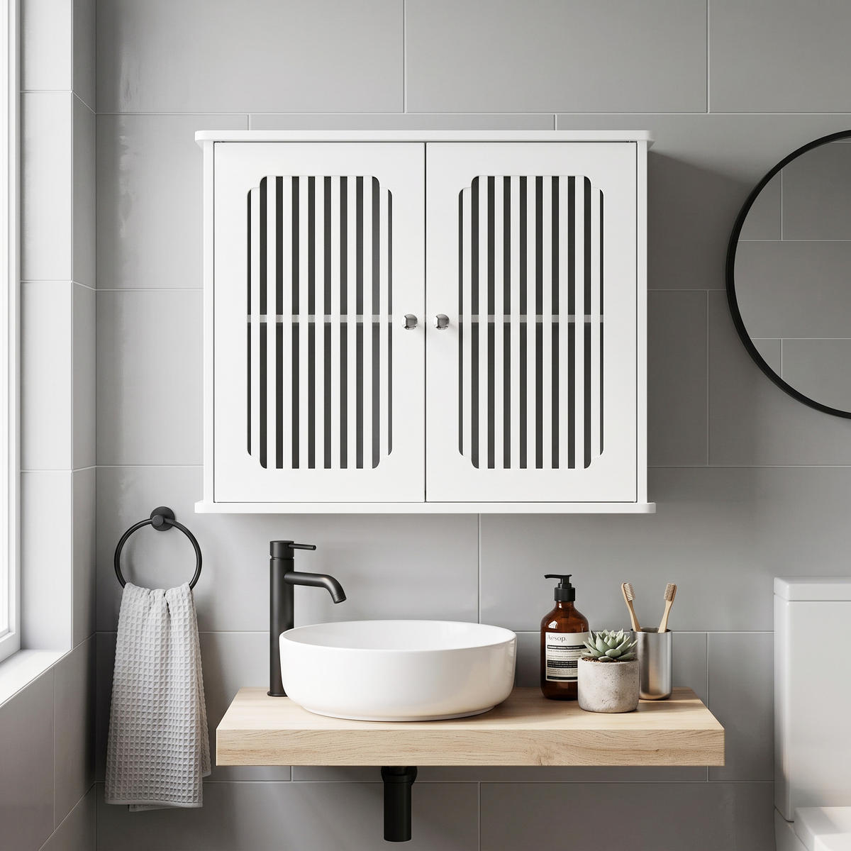 WANDSCHRANK Badezimmer Weiß mit Doppeltür & Lamellenfront - Weiß, Holzwerkstoff (60/52/20cm) - Urban Meuble