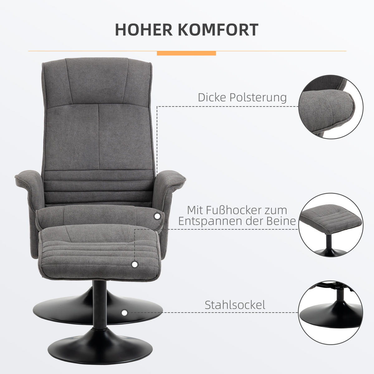 RELAXSESSEL mit Fußhocker verstellbare Rückenlehne für Schlafzimmer Dunkelgrau - Dunkelgrau/Schwarz, Textil/Metall (71/104/69cm) - HOMCOM