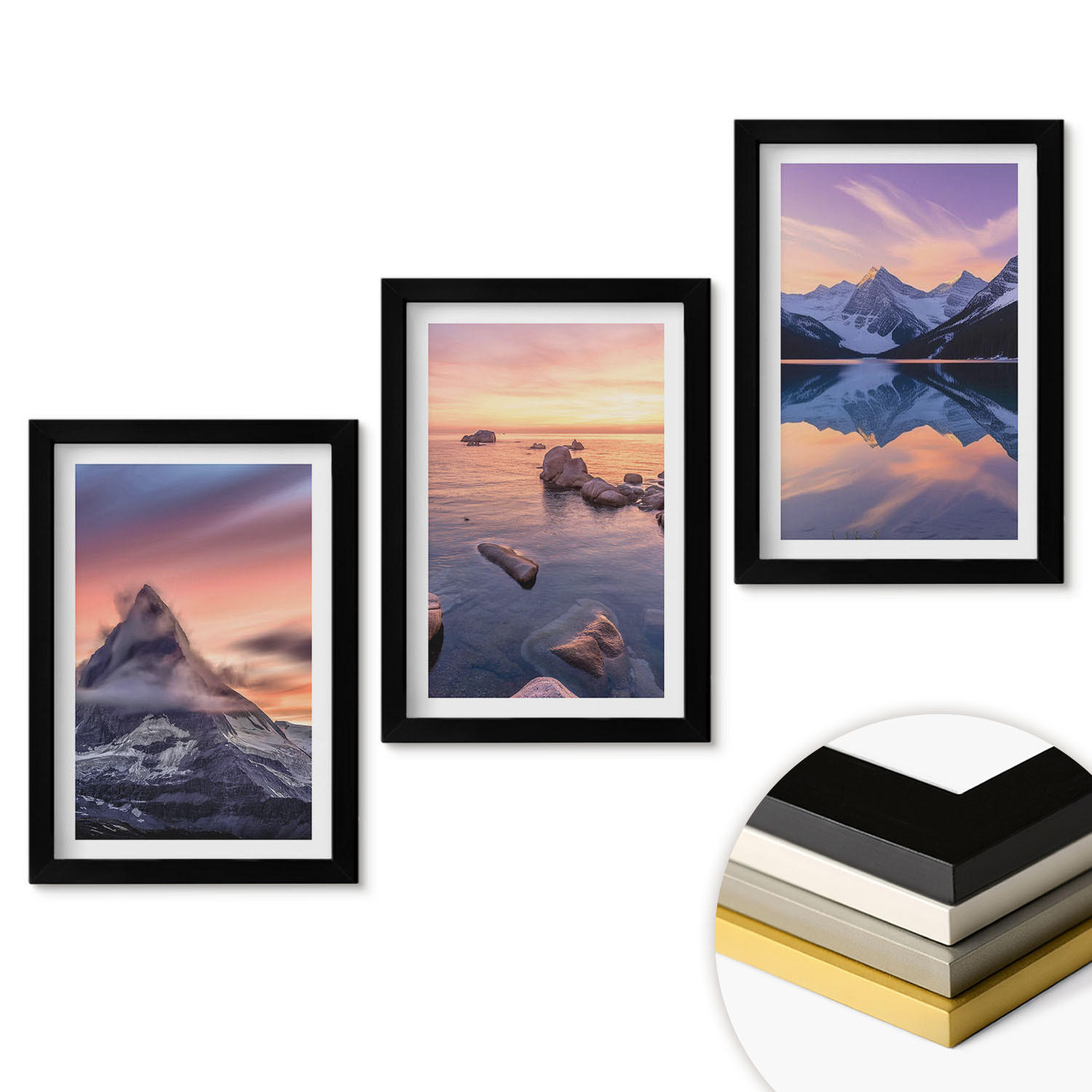 WANDBILDER 3er-Set - 20x30 cm Schwarzer Rahmen - Berglandschaft, See, Westen - Schwarz, Kunststoff (20/30cm) - ArtPrintCave