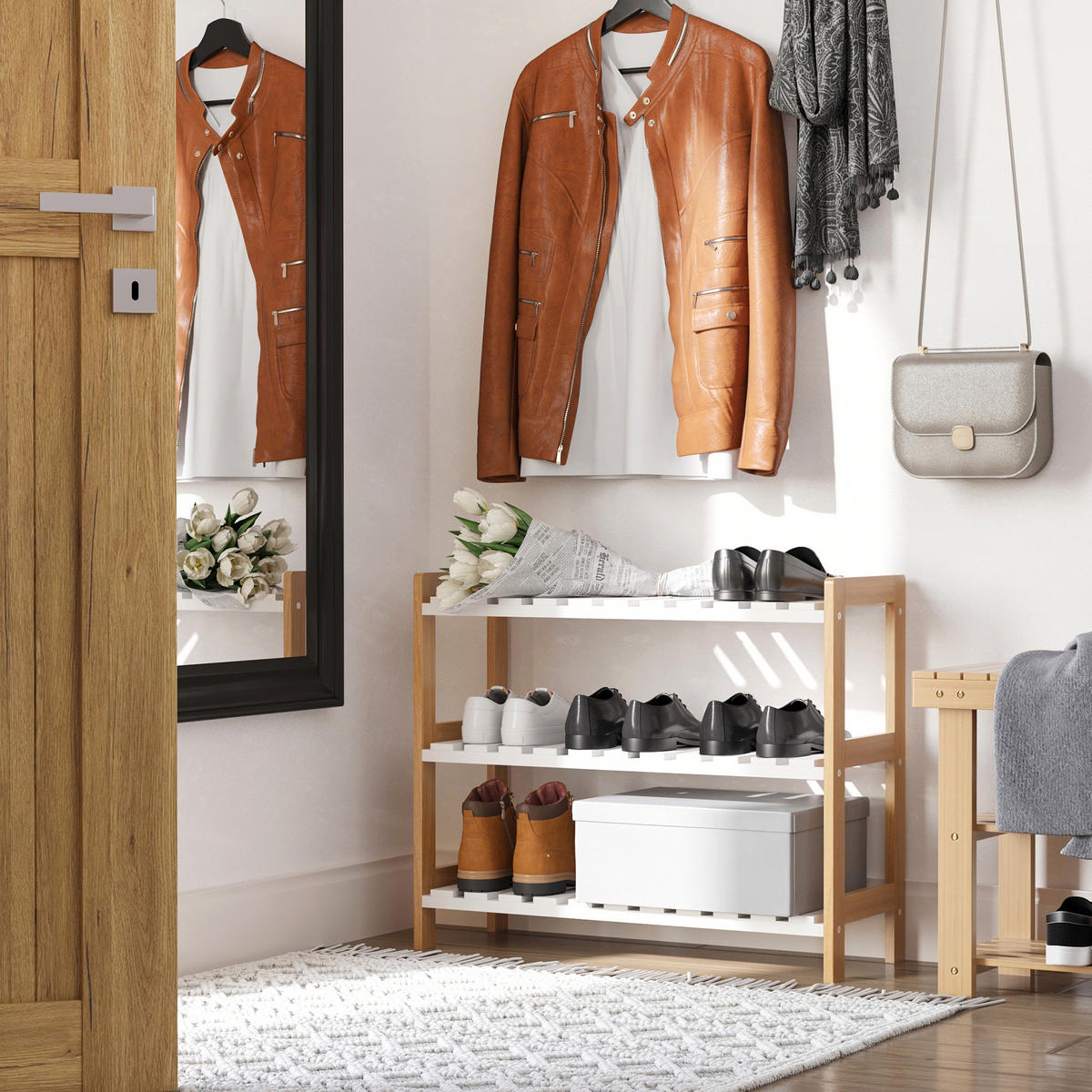 SCHUHREGAL Weiß Natur Kiefernholz MDF offen 3 Ebenen 1 Stück - Beige, Holz (70/57/26cm) - PANGIVO