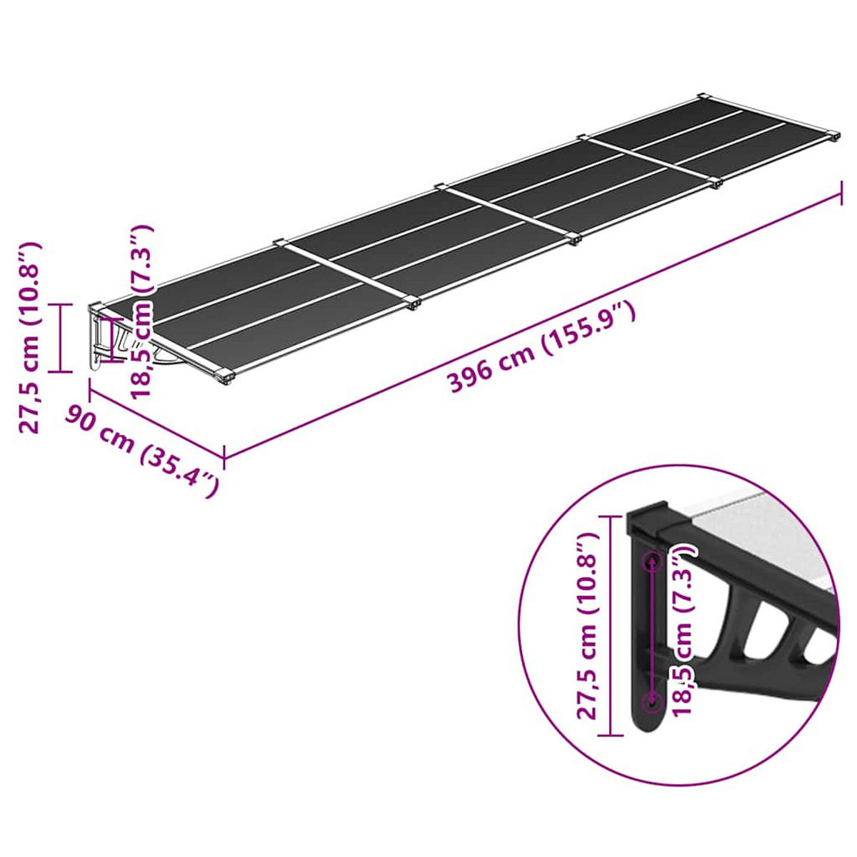 TÜRVORDACH Schwarz Und Transparent 396/90 Cm Polycarbonat - Transparent, Kunststoff (396/27.5/90cm) - vidaXL