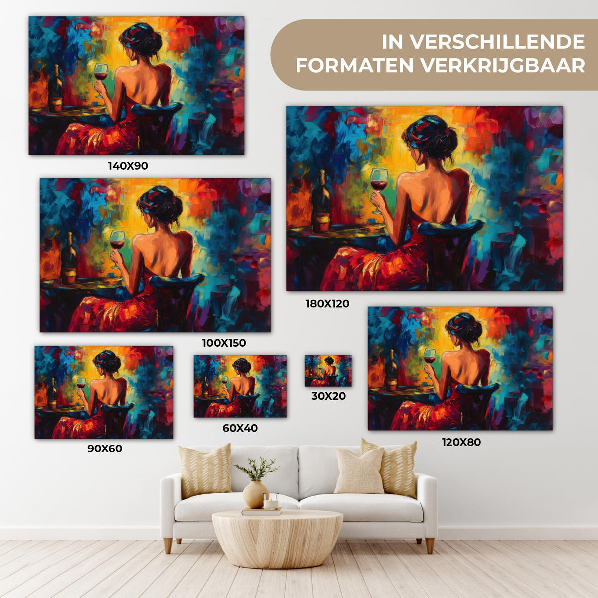 LEINWANDBILD Wein - Frau - Stimmungsvoll - Farbenfroh Wohnzimmer Groß 120x80 cm - Bordeaux, Textil (120/80cm) - MuchoWow