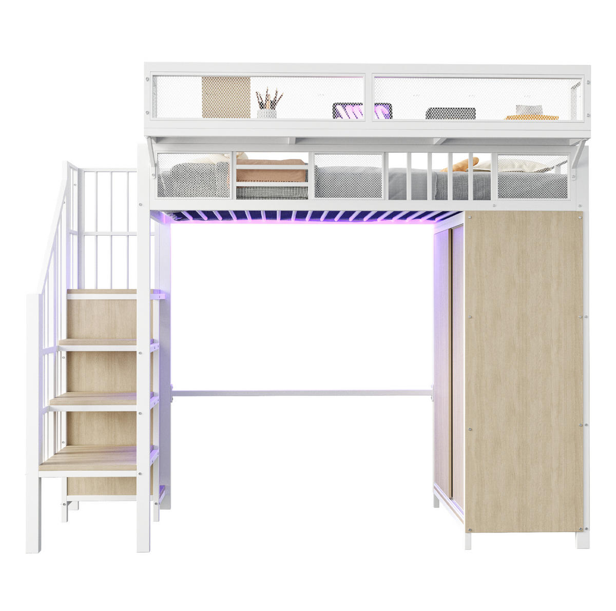 HOCHBETT aus Metall und Holz 90x200 cm Weiß mit Kleiderschrank, LED-Beleuchtung und Aufbewahrungsleiter - Weiß, Metall (90/200cm) - Modfu
