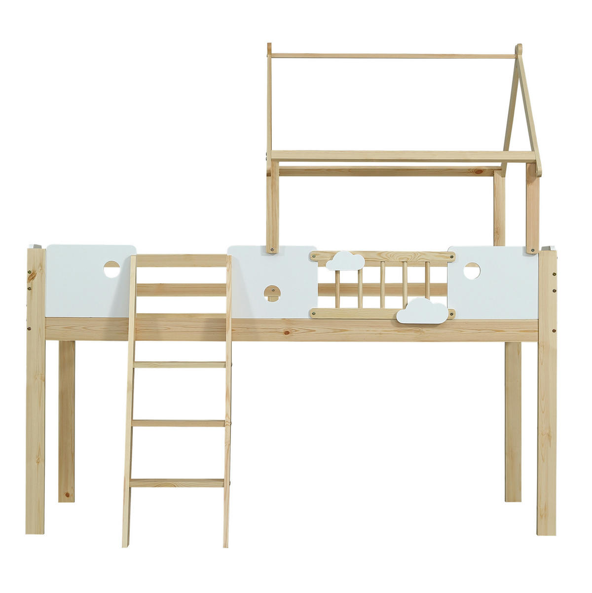 HOCHBETT 90/200 cm aus Kiefer/MDF mit Dachdesign, Fallschutz, 3-stufiger Leiter und frei nutzbarem Unterraum, Weiß/Natur - Weiß, Holzwerkstoff (90/200cm) - Redom