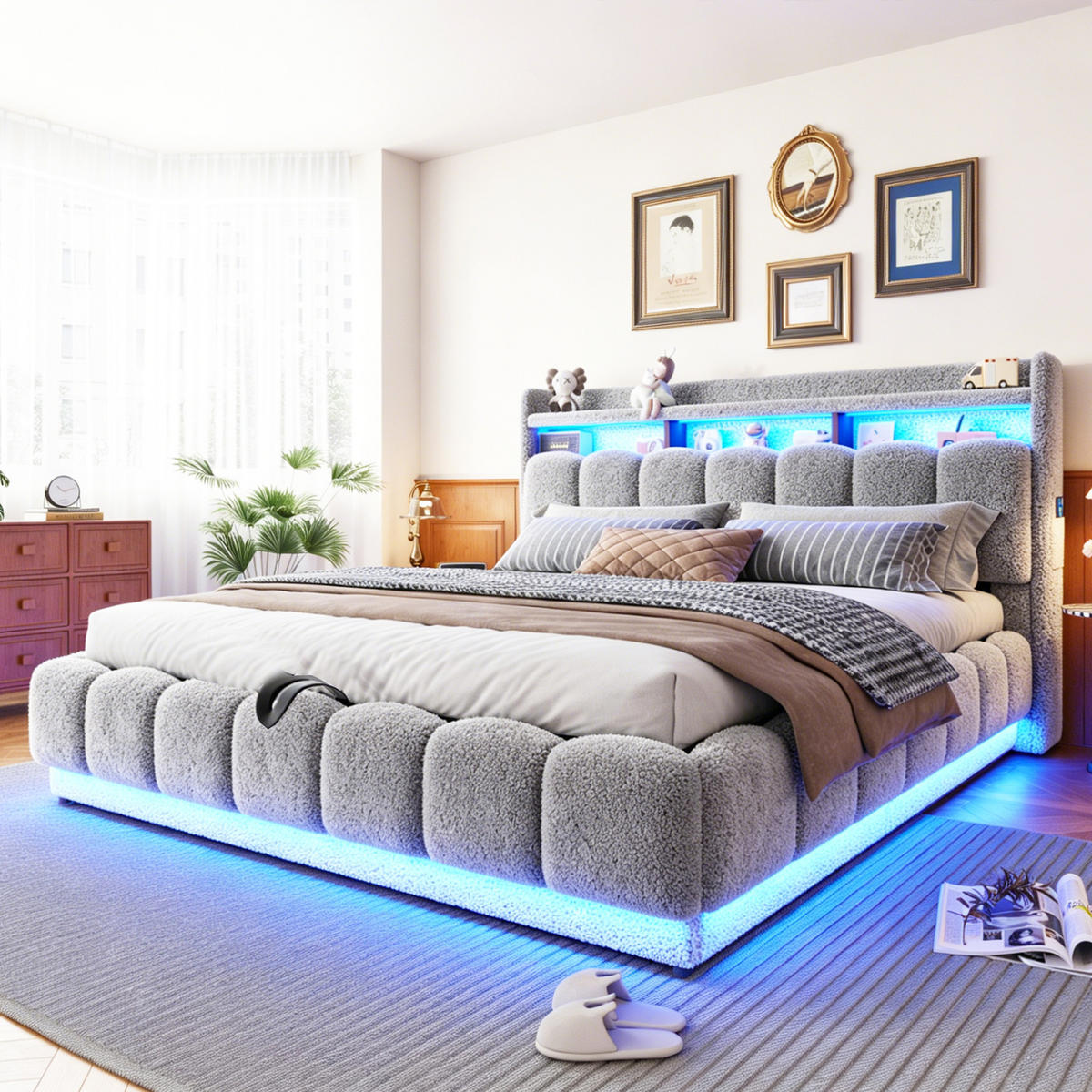 POLSTERBETT 180/200 cm in Grau mit Bettkasten, LED und USB-Anschluss aus Stoff und Metall - Grau, Textil/Metall (180/200cm) - STILVORA