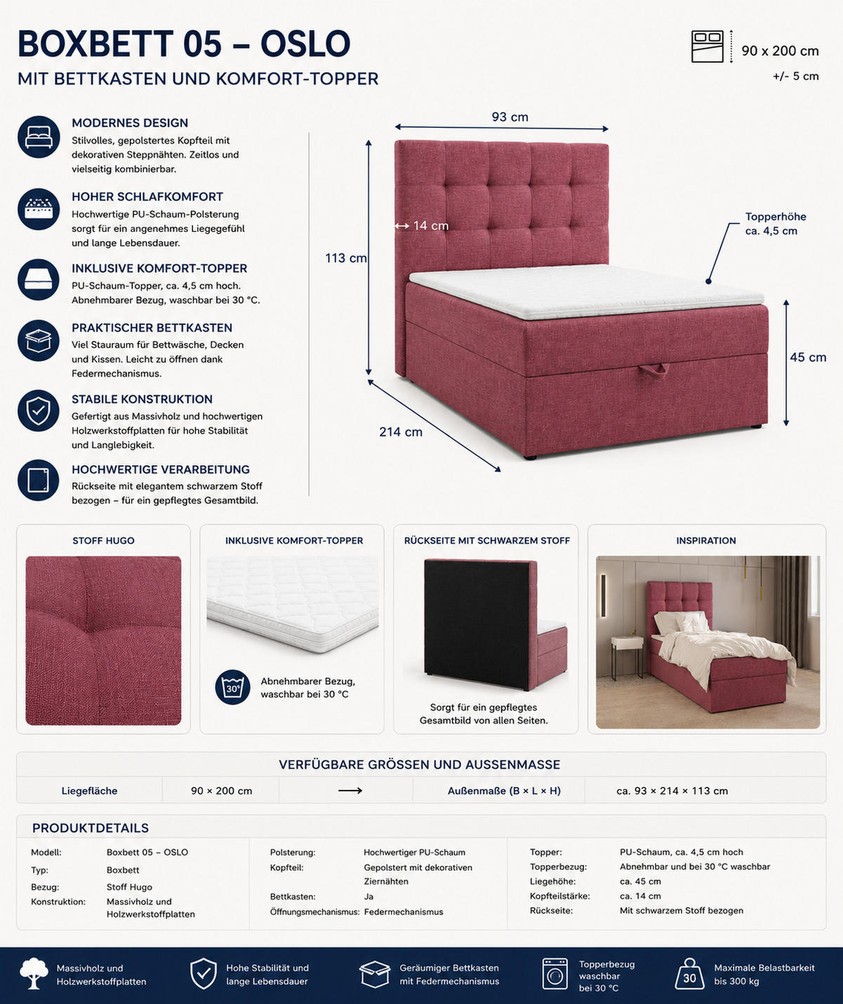 BOXBETT - Bett 05 OSLO - Hugo - 90x200 cm - mit Bettkasten und Waschbarem Topper - Hellgrau, Holz (90/200cm) - ROYAL24_MARKT