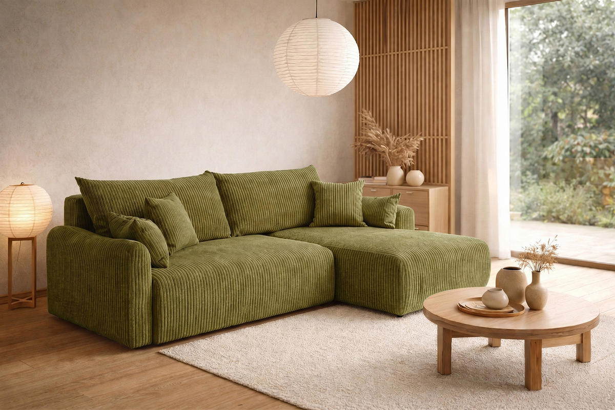 ECKSOFA Mit Schlaffunktion, Cordstoff Poso, Olive, Rechts, JAPANDI - Olivgrün, Holz (262/145cm) - Kaiser Möbel